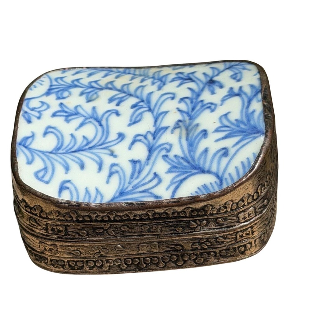 Trinket Box Chinese Shard Box Blue White Porcelain Hand Tooled Metal Vintage